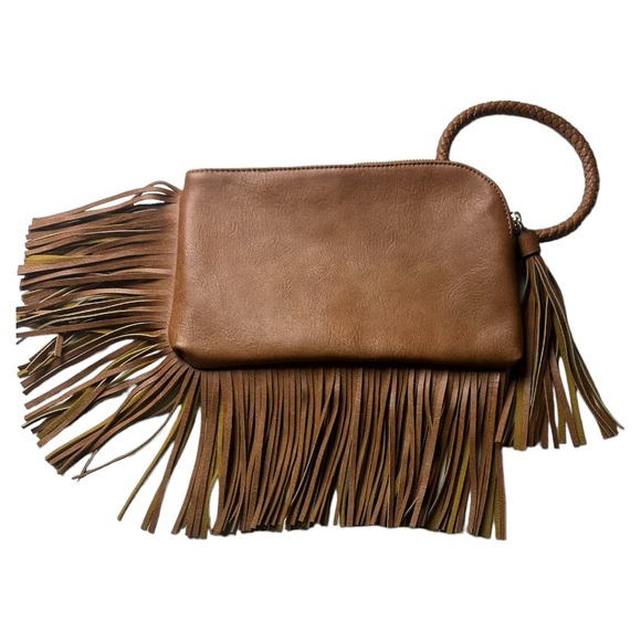 Handbags - Clutch w/wrist MARKDOWN Strap Brown Fringe and Tassel NEW Measurements in Photos